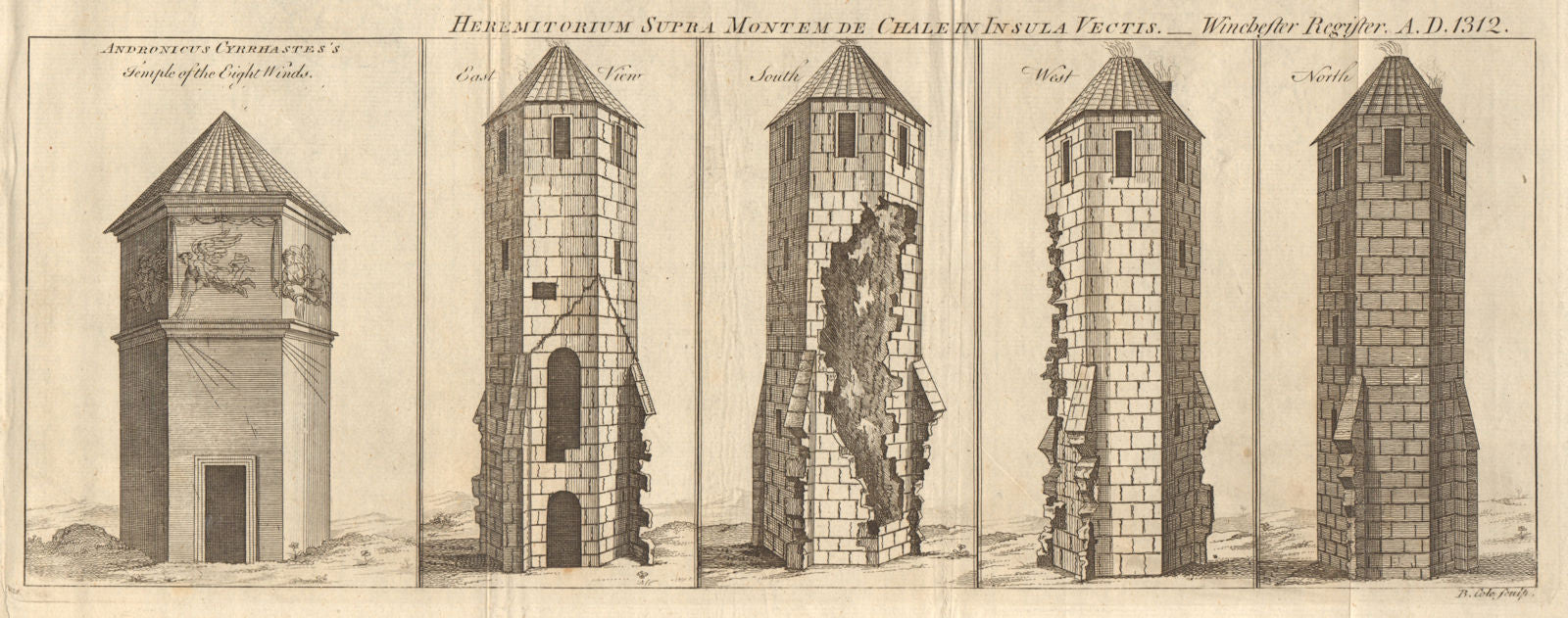 Tower of the Winds, Athens. St. Catherine's Oratory, Isle of Wight 1757 print